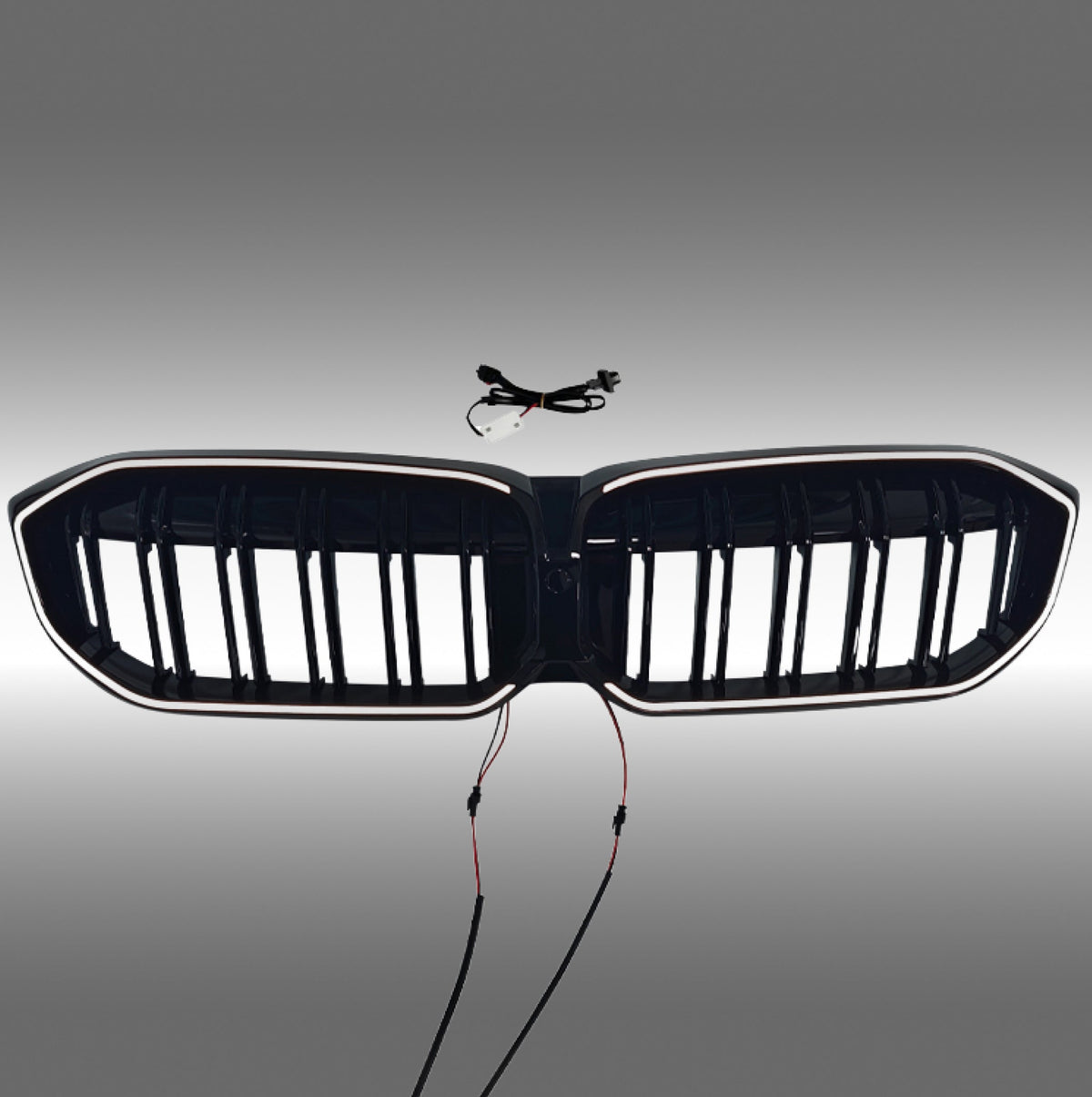 NexaNovo gloss black double-slat LED illuminated grille glowing on a 2023 BMW 3 Series G20