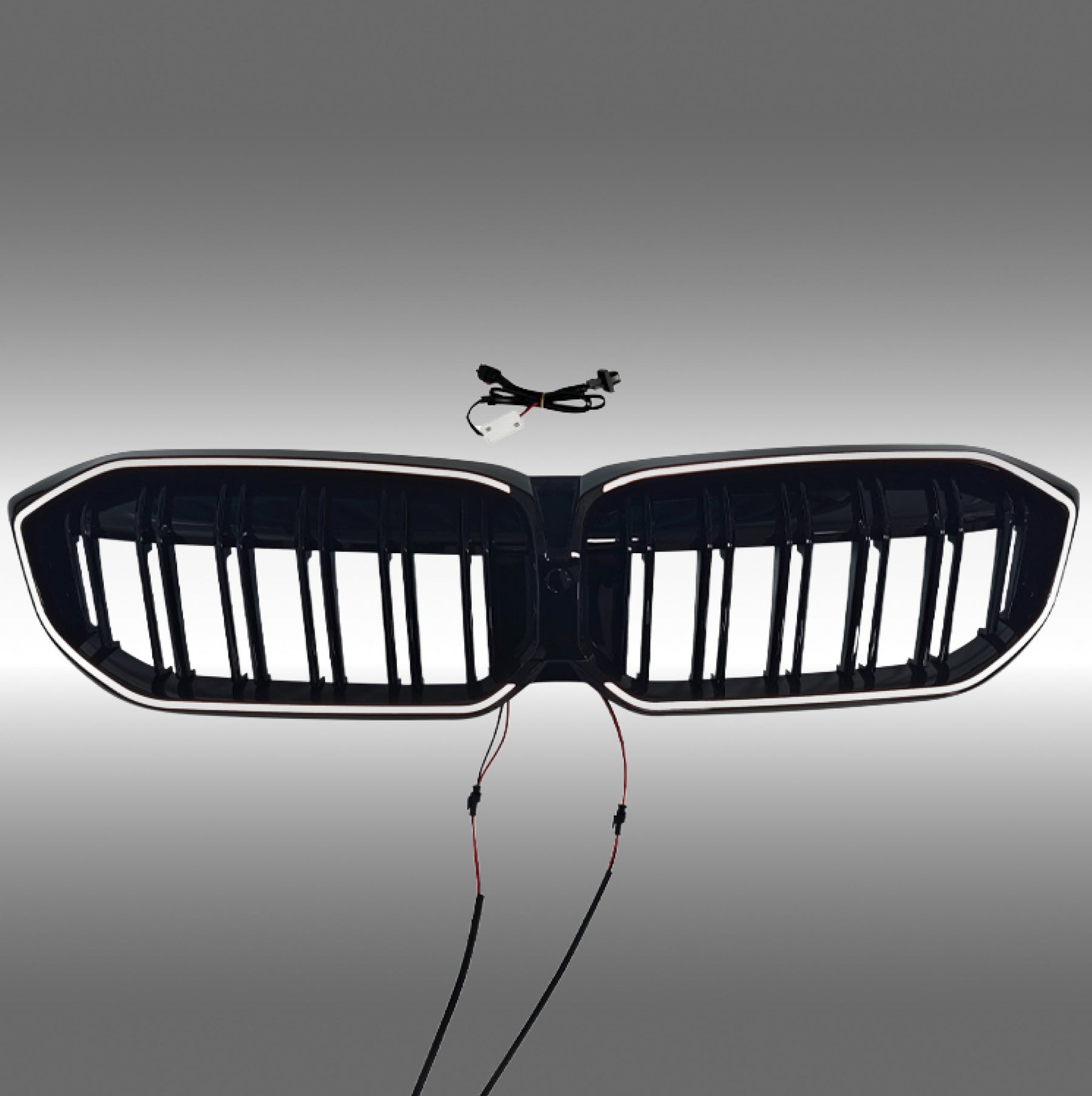 NexaNovo gloss black double-slat LED illuminated grille glowing on a 2023 BMW 3 Series G20