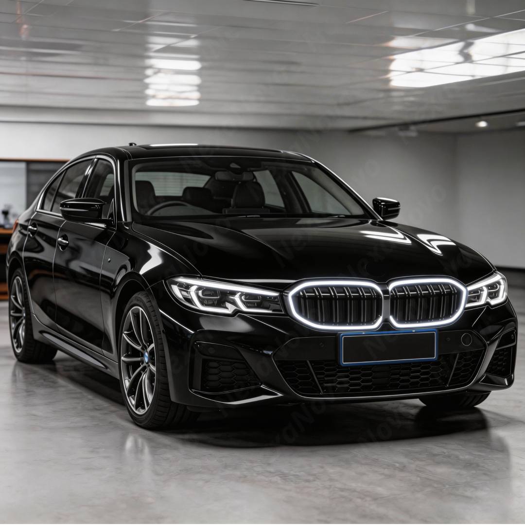 Full front 3/4 view of a 2024 BMW M340i featuring the NexaNovo glowing double-slat grille