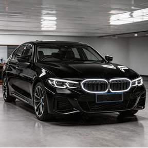 Full front 3/4 view of a 2024 BMW M340i featuring the NexaNovo glowing double-slat grille