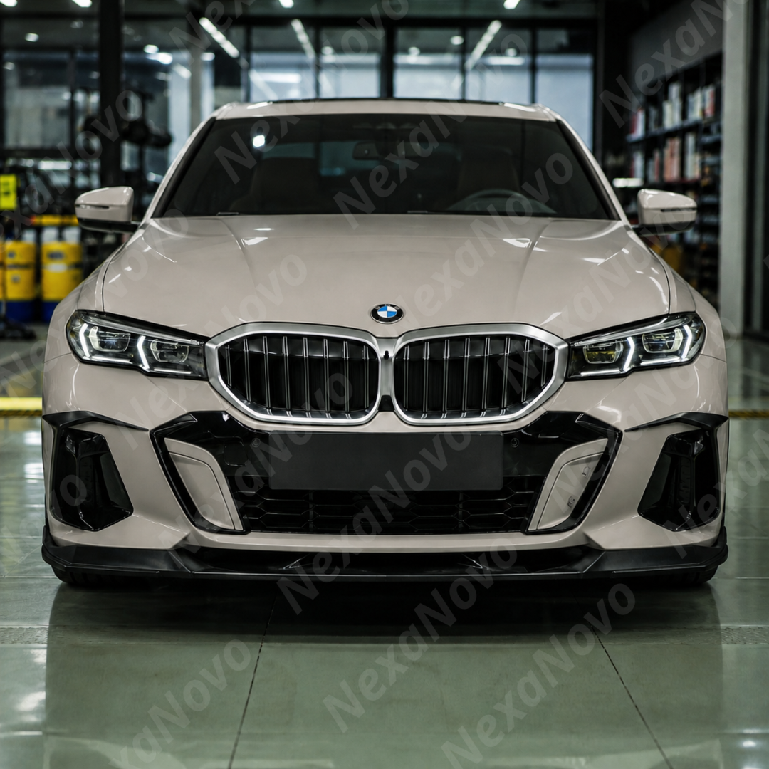 Track-level shot showing the dual-tier front canard layout on the G60 front bumper air intakes