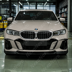 Track-level shot showing the dual-tier front canard layout on the G60 front bumper air intakes