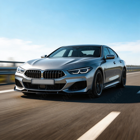 NexaNovo gloss black front bumper lip splitter installed on a 2019 BMW 8 Series G16 Gran Coupe