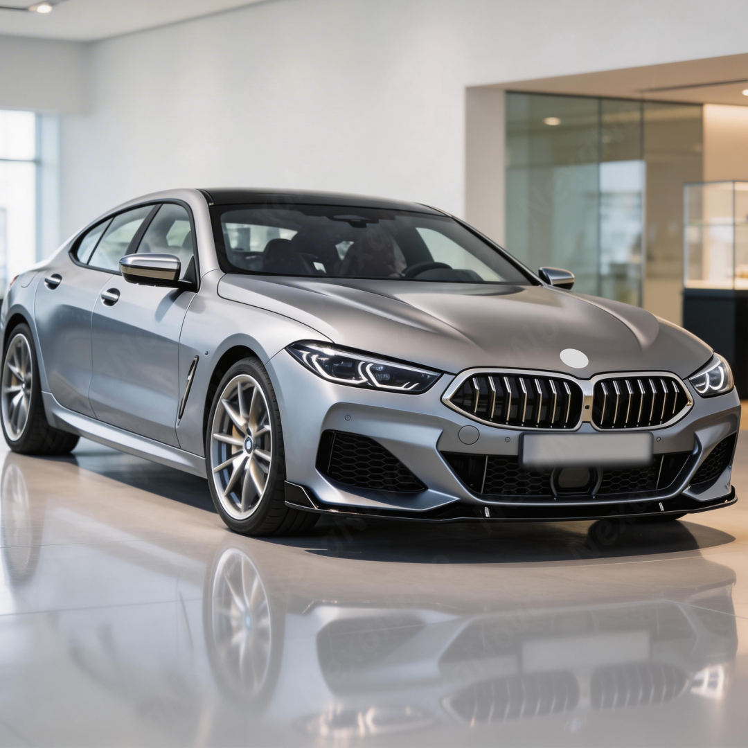 BMW 8 Series G16 with new NexaNovo gloss black front lip parked in a detailing studio