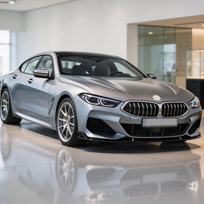 BMW 8 Series G16 with new NexaNovo gloss black front lip parked in a detailing studio