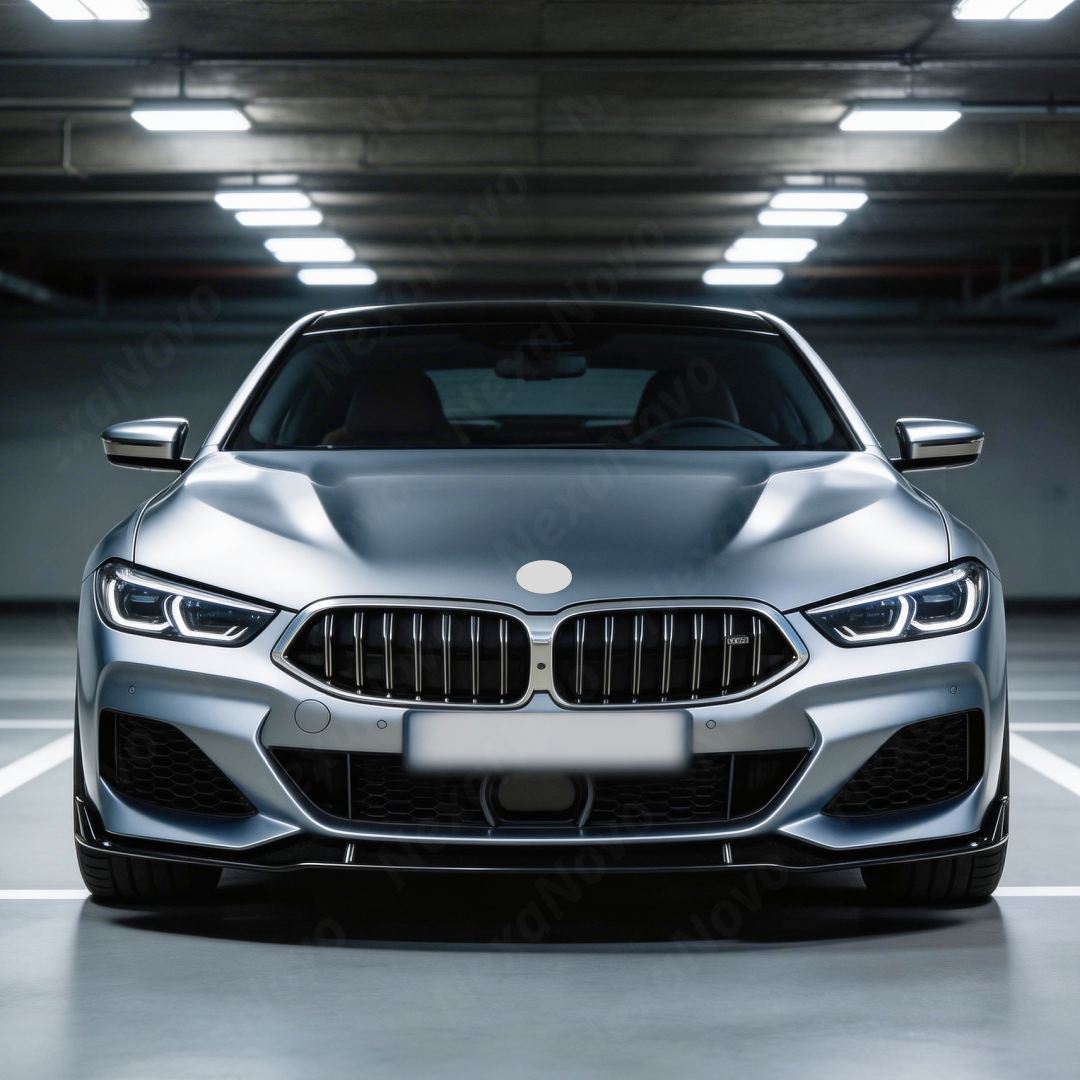 Visual lowering effect created by the NexaNovo front splitter on the BMW 8 Series G16