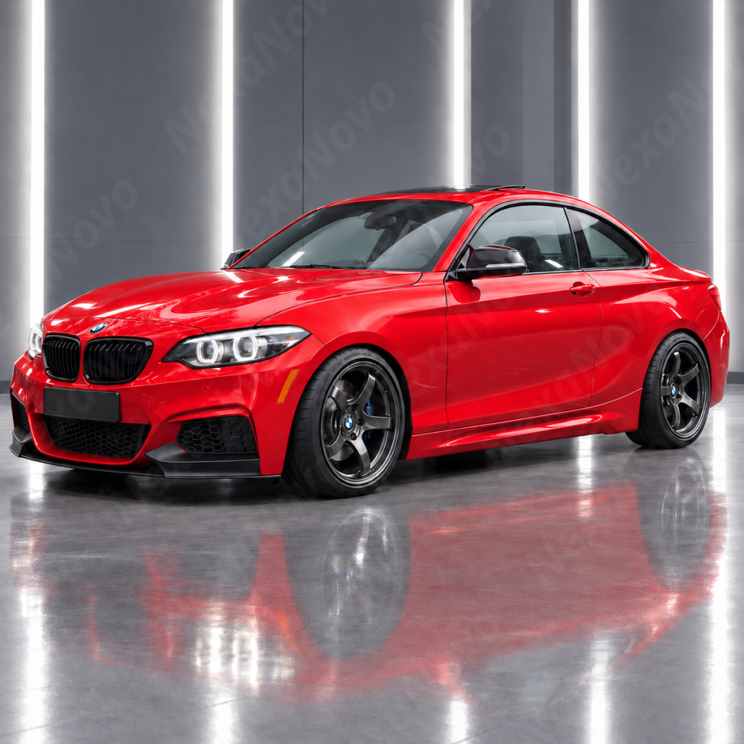 M2 style full replacement rocker panel side skirts installed on a 2014-2021 BMW 2-Series F22 coupe