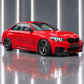 The completed motorsport-inspired exterior stance of a 2014-2021 BMW 2-Series with full M2 style side panels