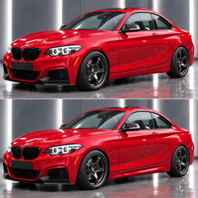 Visual side-by-side comparison between the flatter OEM standard 2-Series rocker panel and the flared M2 style replacement