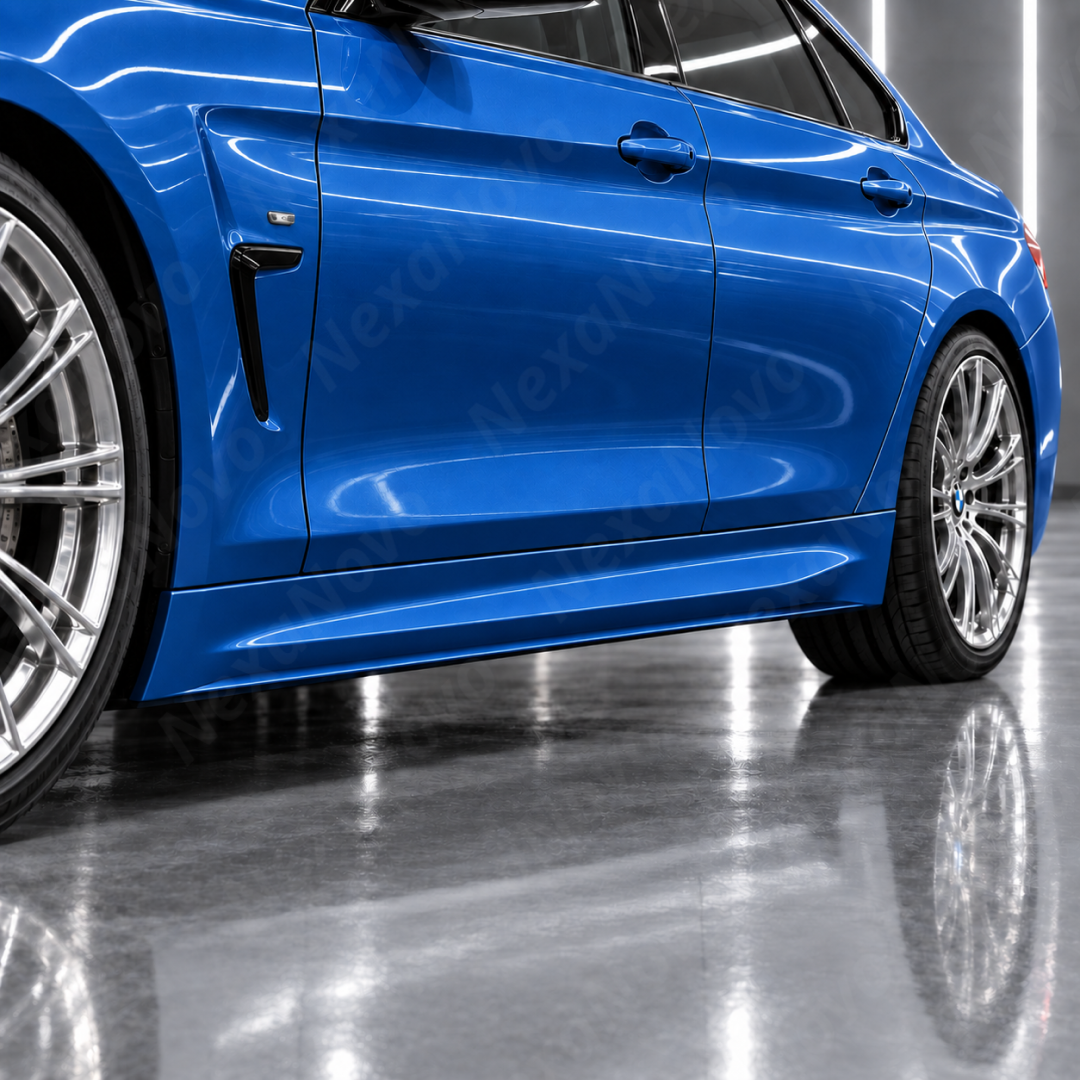 Low three-quarter perspective highlighting M4 style rocker panel fitment along a BMW F36 4-Series Gran Coupe