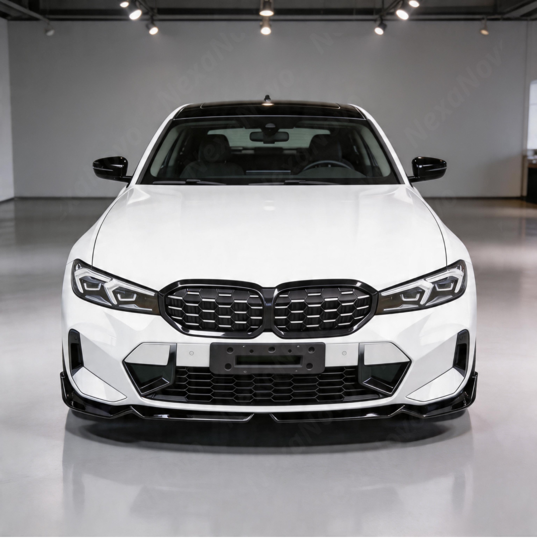 Direct front-facing view of the NexaNovo aerodynamic gloss black front splitter for 2023-2025 BMW 3 Series