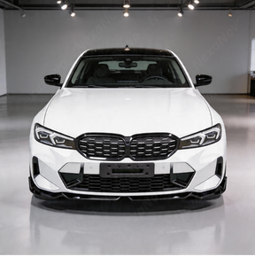 Direct front-facing view of the NexaNovo aerodynamic gloss black front splitter for 2023-2025 BMW 3 Series