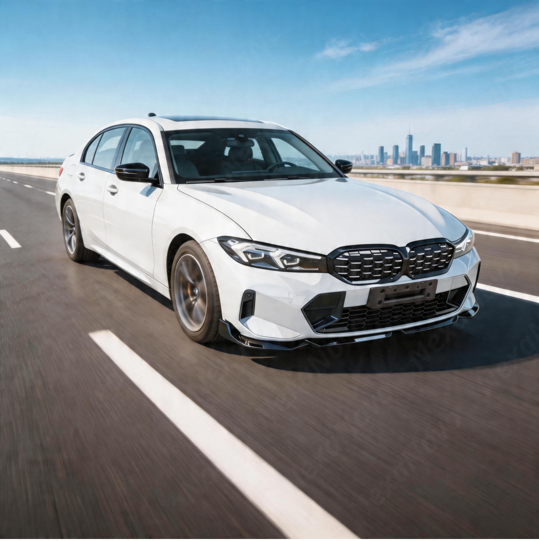Full front 3/4 perspective of a 2024 BMW M340i featuring the NexaNovo gloss black front lip upgrade