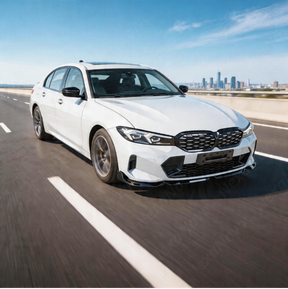Full front 3/4 perspective of a 2024 BMW M340i featuring the NexaNovo gloss black front lip upgrade