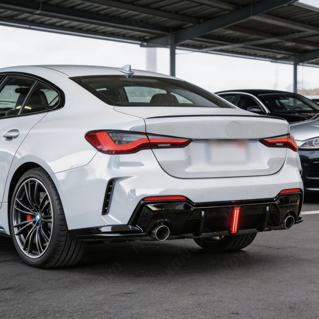 Close-up of the premium mirror-finish gloss black coating on the NexaNovo 4 Series rear diffuser
