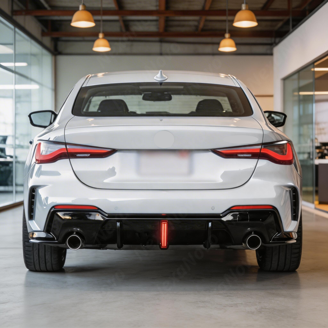 Direct rear view of the NexaNovo aerodynamic gloss black diffuser for 2021-2024 BMW 4 Series Coupe