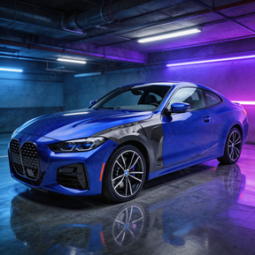 Full side view of a 2023 BMW M440i featuring the NexaNovo carbon fiber fender accents