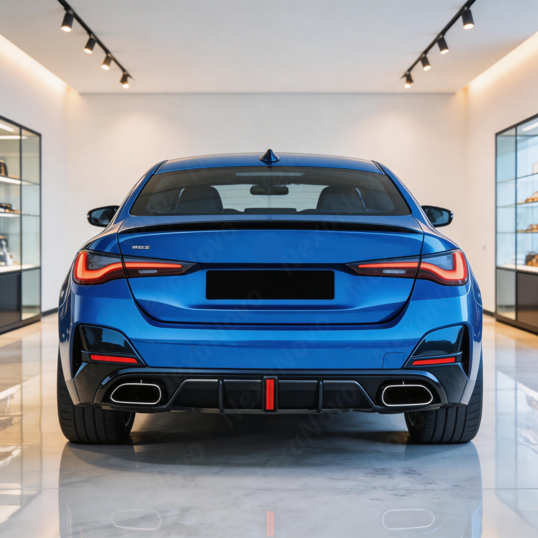 Full rear 3/4 view of a 2023 BMW M440i Gran Coupe featuring the NexaNovo LED diffuser kit
