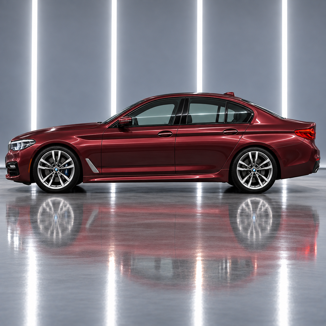 Direct side profile showcasing the sculpted M5-inspired body lines and widened lower rocker stance on a G30