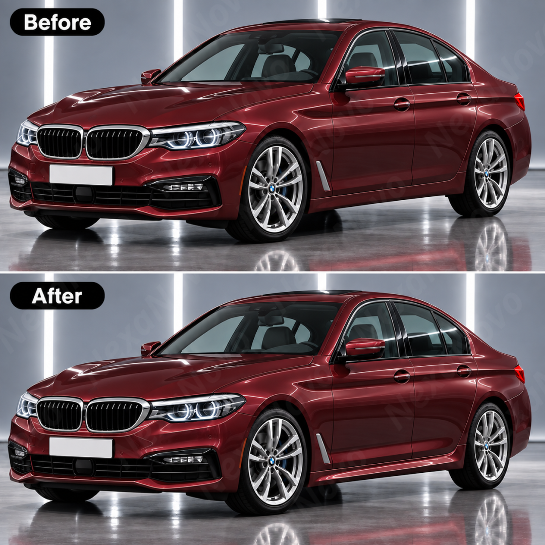 Visual side-by-side comparison between the flatter OEM standard G30 rocker panel and the flared M5 style replacement