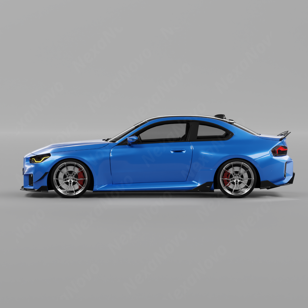 Direct side profile view of the aerodynamic gloss black VTEN rocker splitters on the G87 chassis