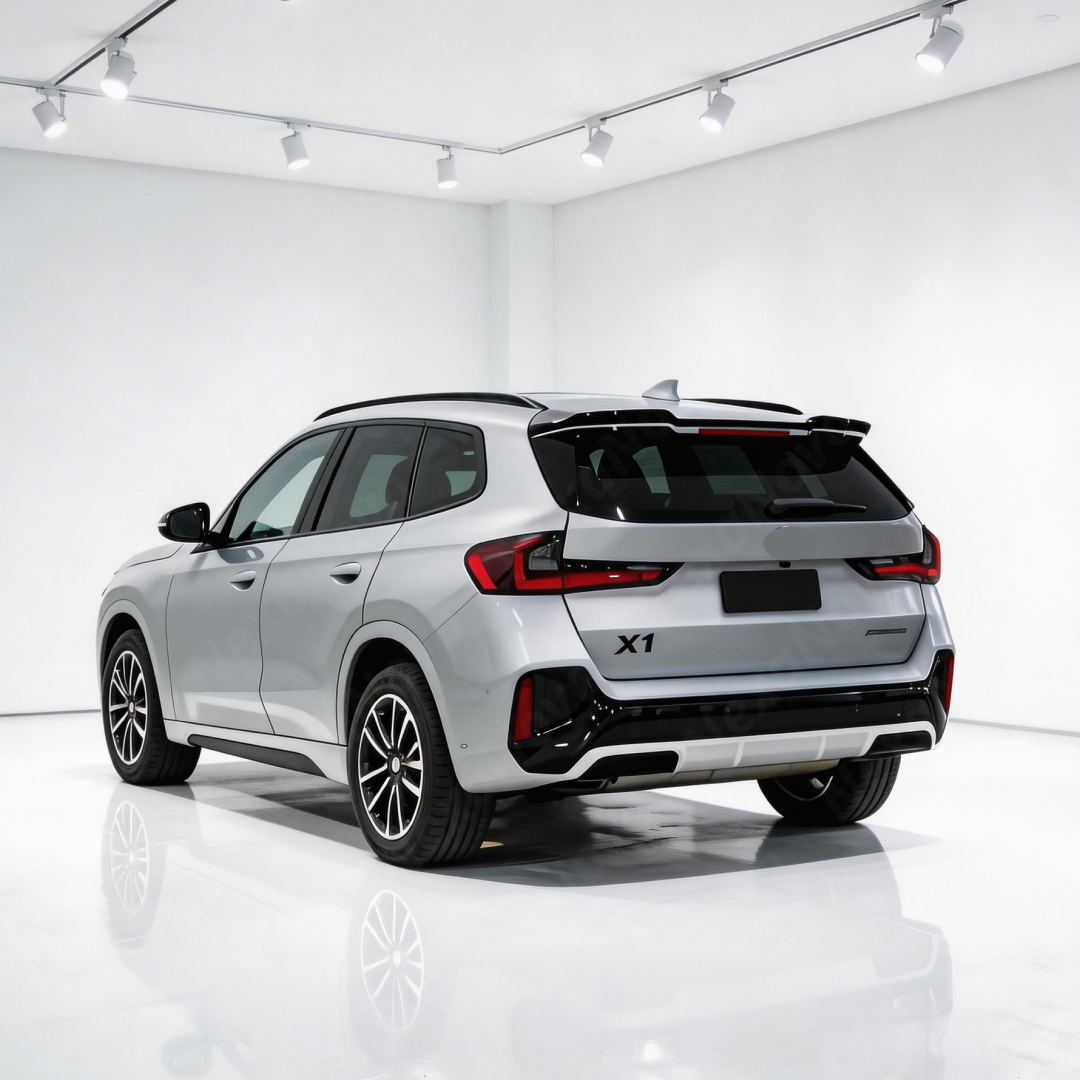 Direct rear view of the aerodynamic gloss black roof spoiler for 2023-2026 BMW X1