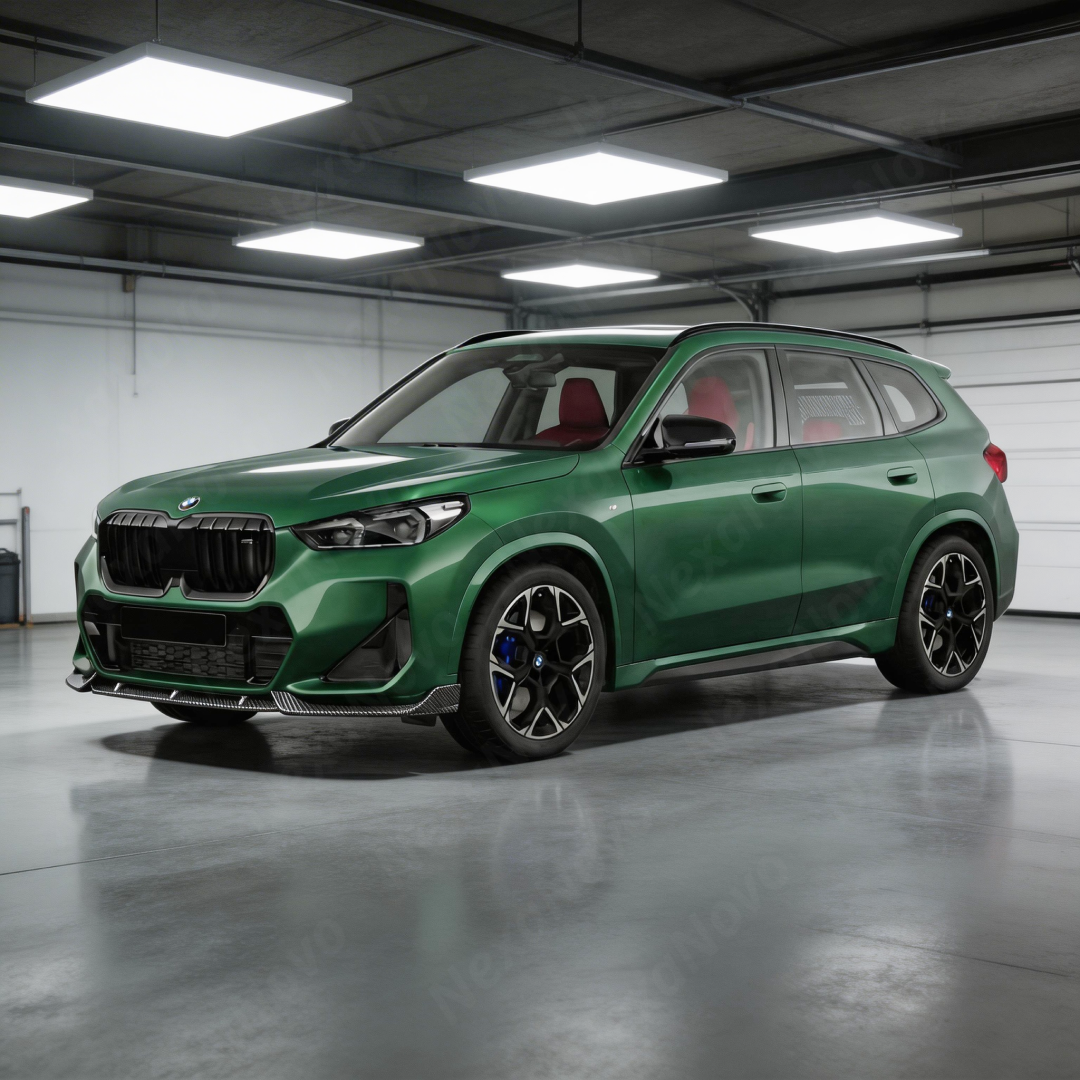 Direct front-facing view of the NexaNovo aerodynamic carbon fiber print splitter for 2023-2026 BMW X1