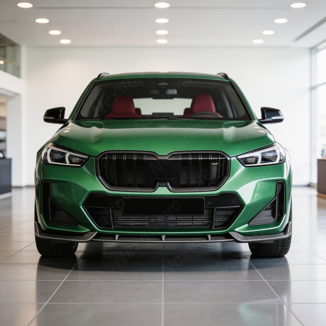 2024 BMW X1 in motion highlighting the aerodynamic profile of the NexaNovo front splitter