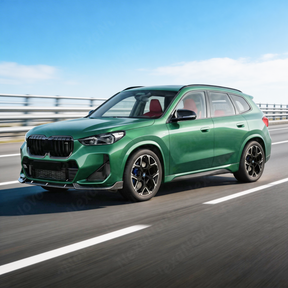 BMW X1 U11 with new NexaNovo carbon fiber print front lip parked in a detailing studio