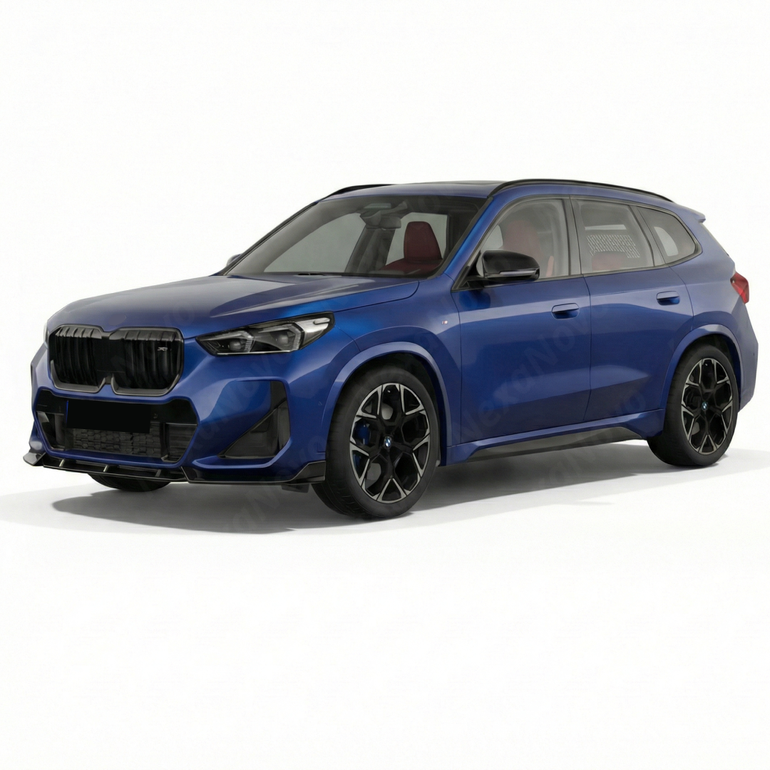 Direct front-facing view of the NexaNovo aerodynamic gloss black splitter for 2023-2026 BMW X1