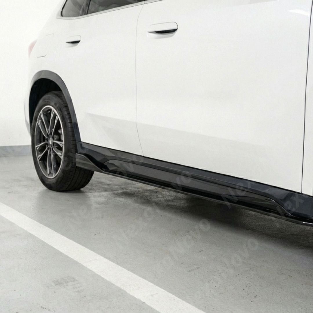 Full 3/4 view of a 2024 BMW X1 featuring NexaNovo gloss black side skirt under spoilers