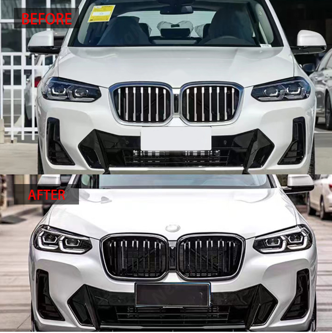 Direct front-facing view of the NexaNovo gloss black illuminated kidney grille for 2017-2024 BMW X3