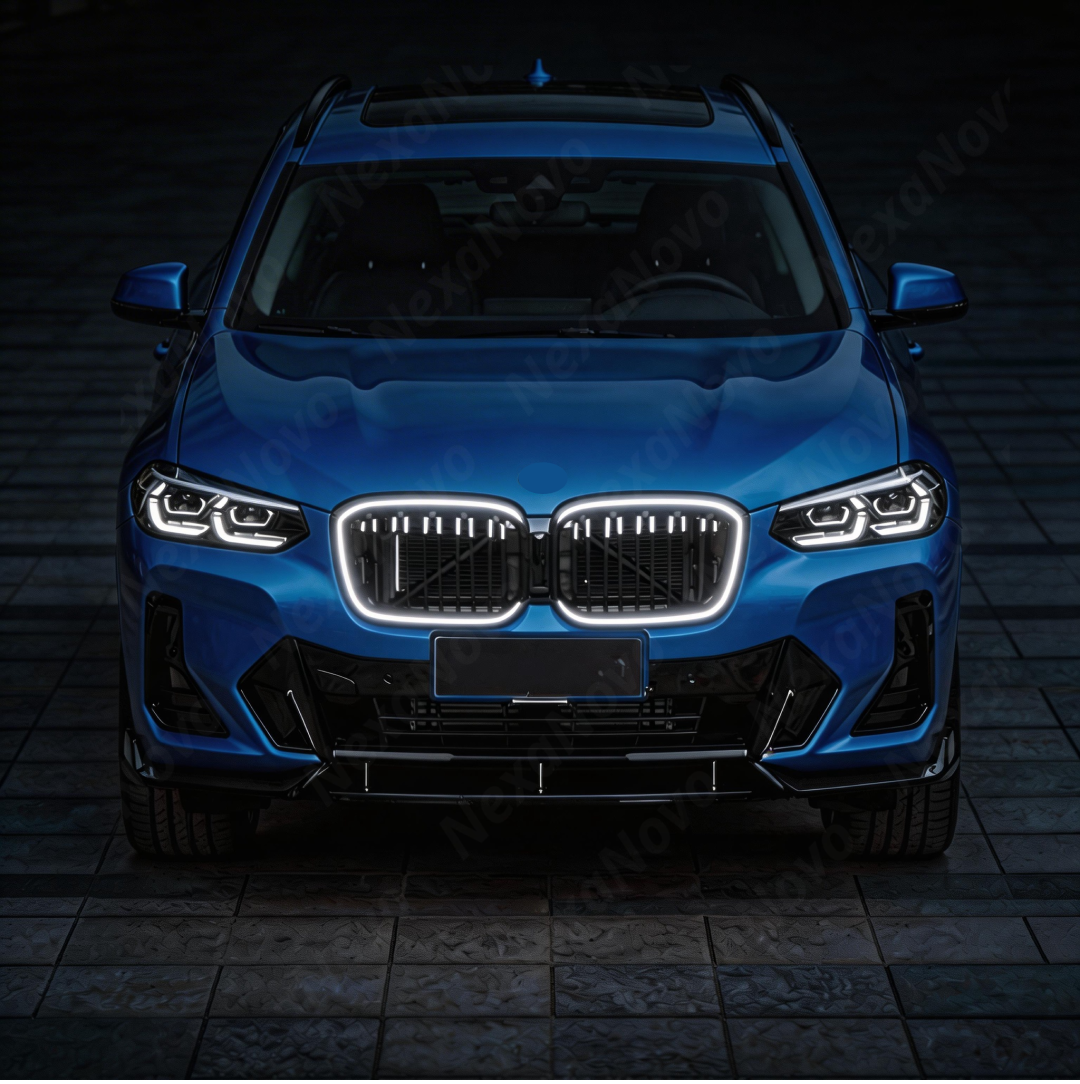 Full front 3/4 view of a 2023 BMW X3 M40i featuring the NexaNovo glowing double-slat grille