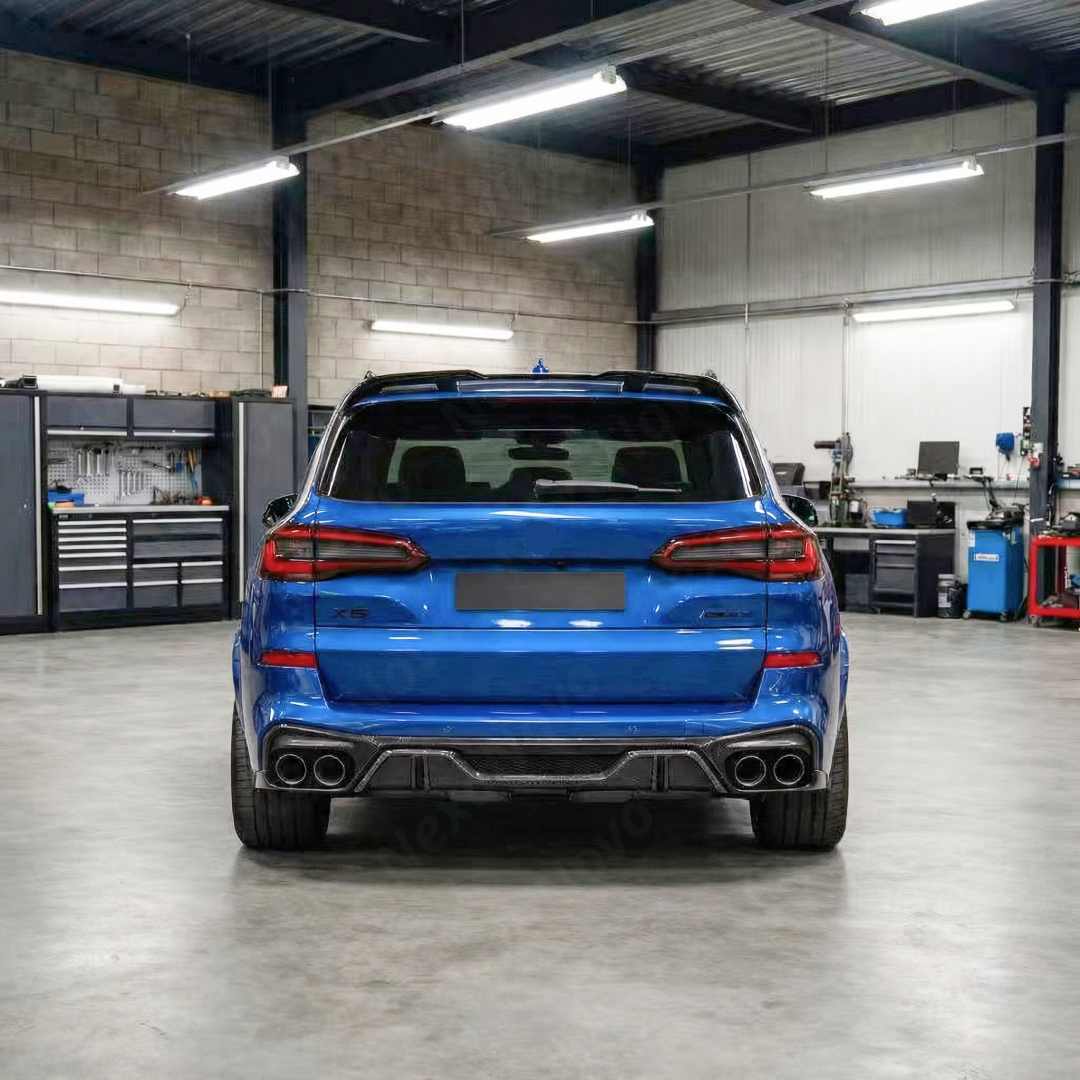 BMW X5 G05 with new NexaNovo double-sided real carbon fiber roof spoiler parked in a studio