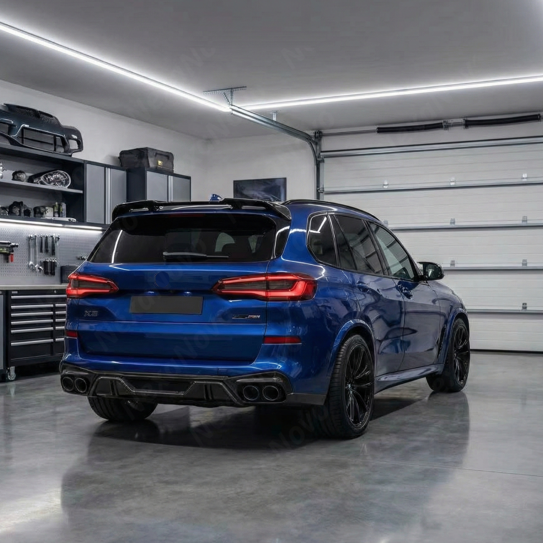 Full rear 3/4 view of a 2024 BMW X5 M-Sport featuring the NexaNovo double real carbon fiber roof spoiler