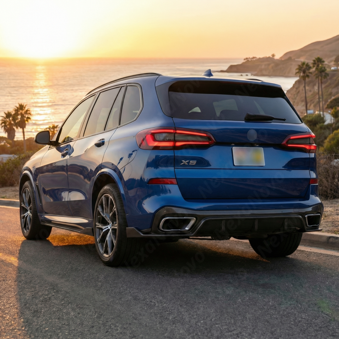 Direct rear view of the NexaNovo authentic double-sided carbon fiber diffuser for 2019-2026 X5