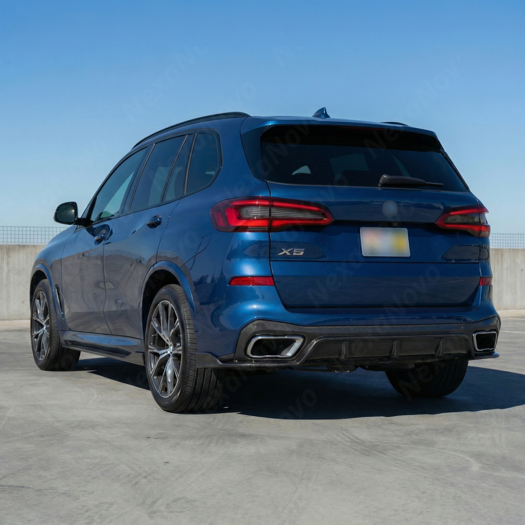 2023 BMW X5 in motion highlighting the aggressive NexaNovo real carbon fiber rear aero