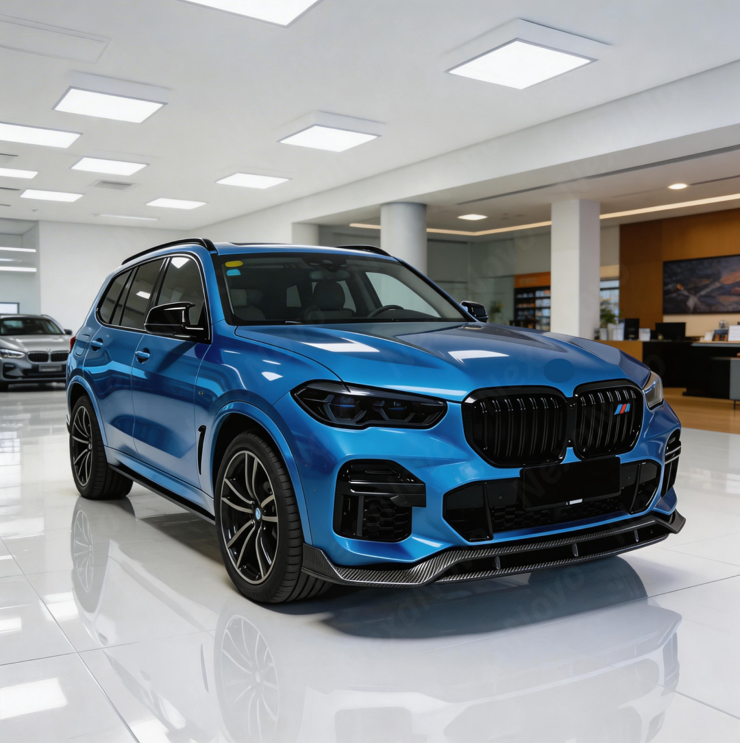 Full 3/4 view of a 2022 BMW X5 M50i featuring the NexaNovo real carbon fiber front lip kit