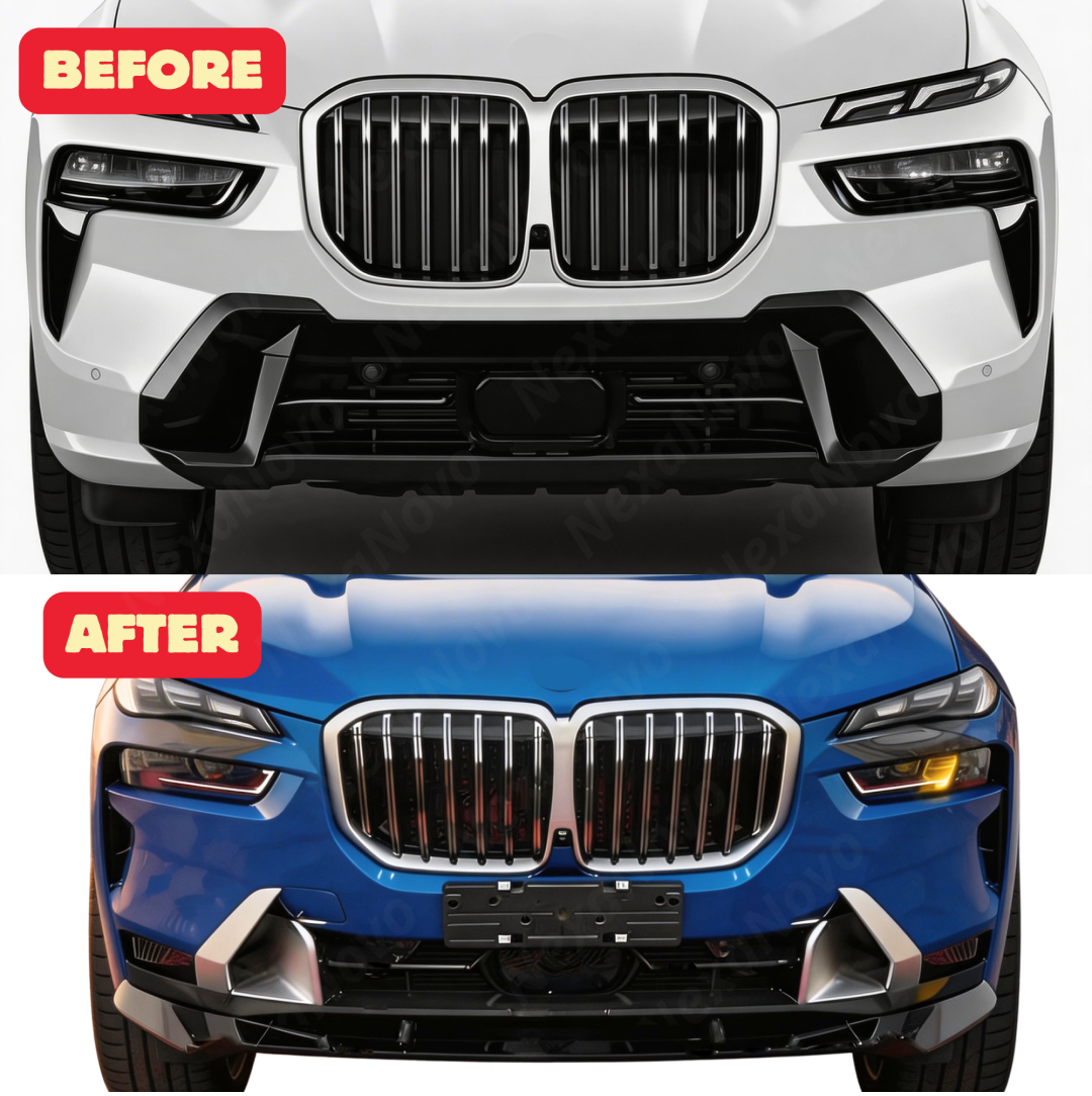 Close-up of the premium mirror-finish gloss black coating on the NexaNovo X7 front lip