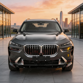 Direct front-facing view of the NexaNovo aerodynamic gloss black front lip for 2023-2025 BMW X7