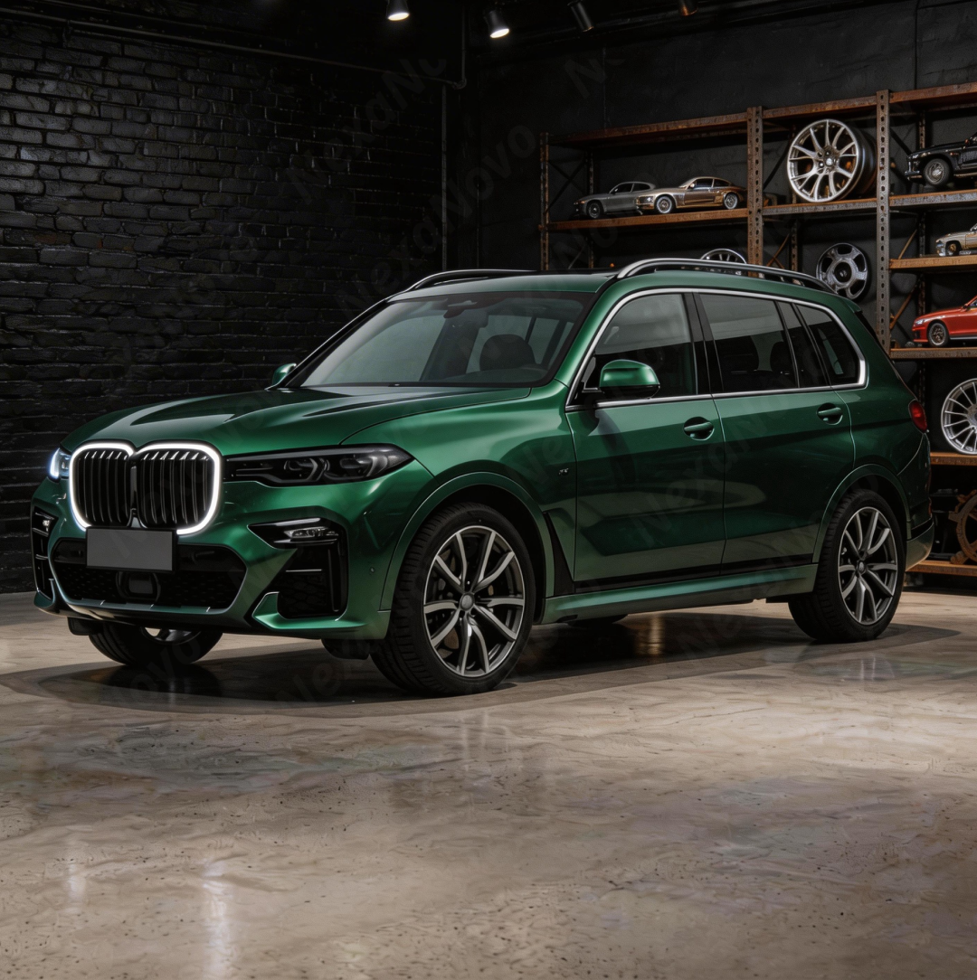 High-intensity LED glow of the NexaNovo illuminated kidney grille at night on a BMW X7
