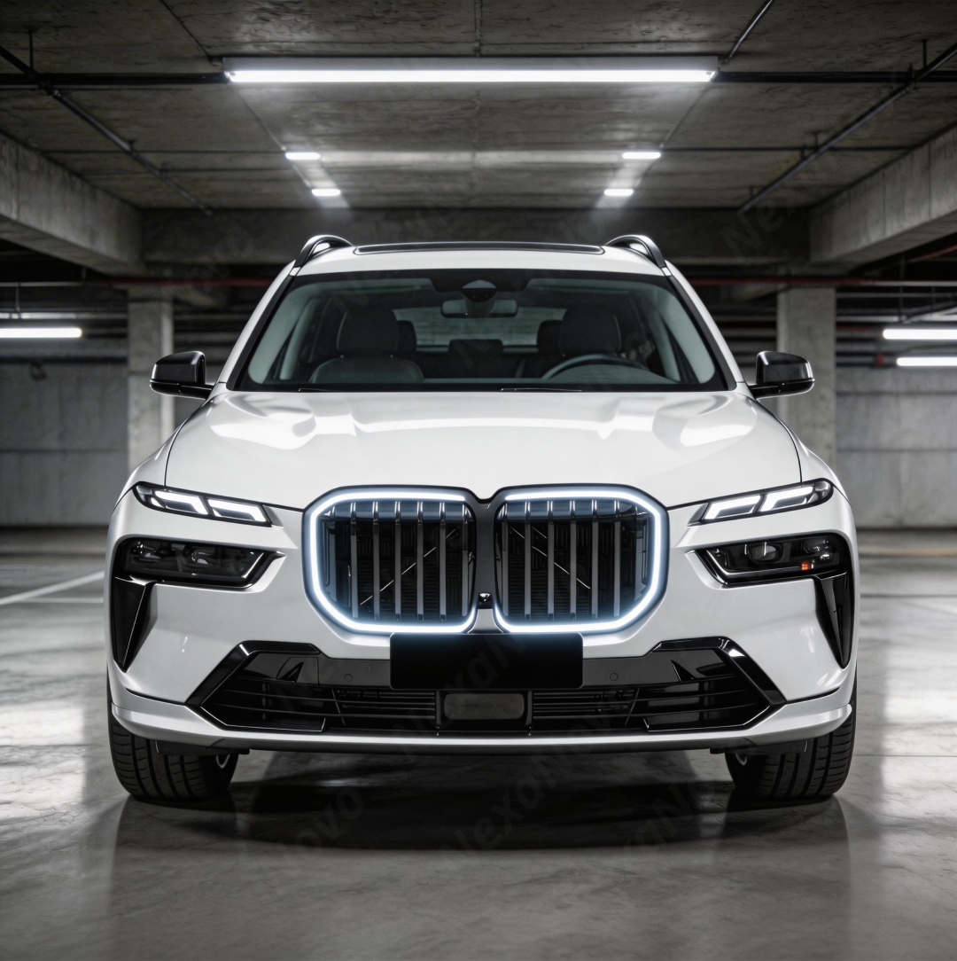 Direct front view of the NexaNovo LCI-style gloss black illuminated grille for 2023-2026 BMW X7
