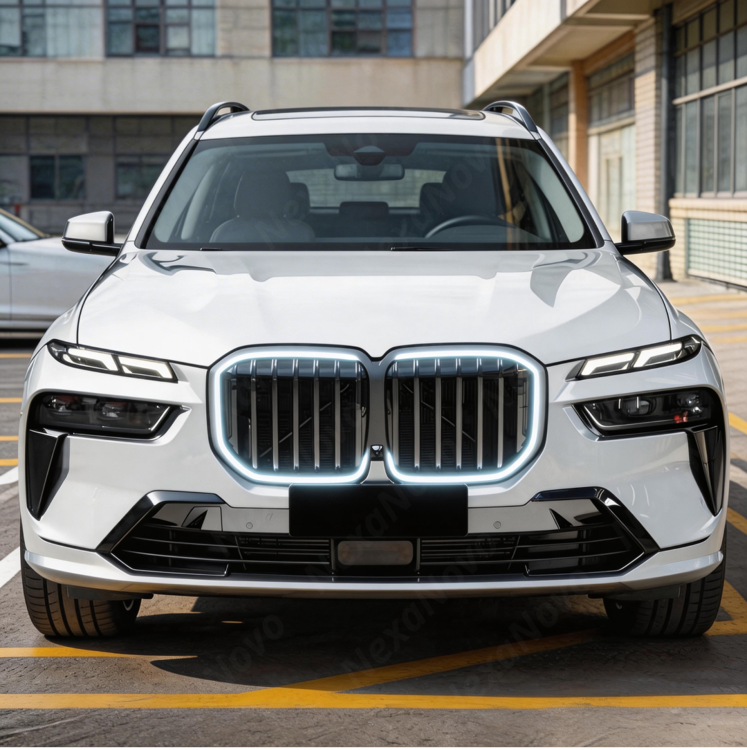 Full front 3/4 view of a 2024 BMW X7 M60i featuring the NexaNovo glowing single-piece grille