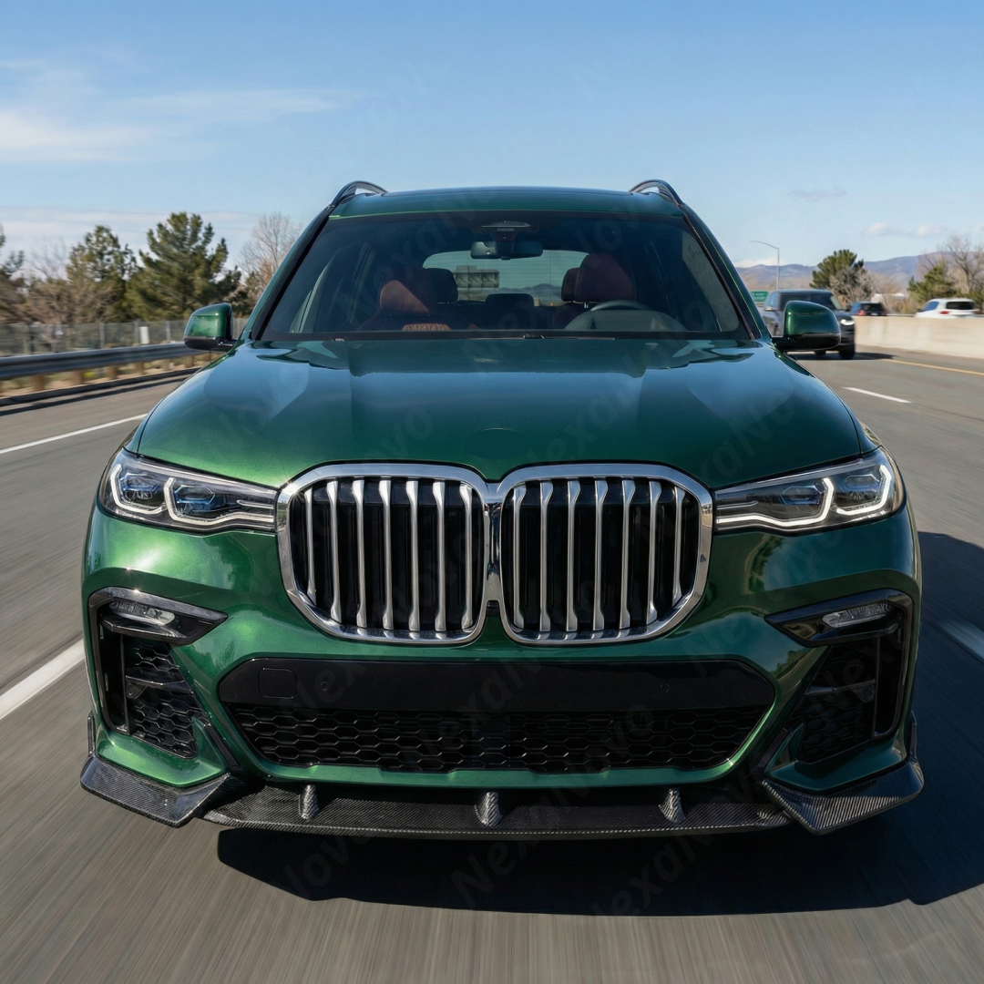 Direct front-facing view of the NexaNovo authentic double carbon fiber splitter for 2019-2022 BMW X7