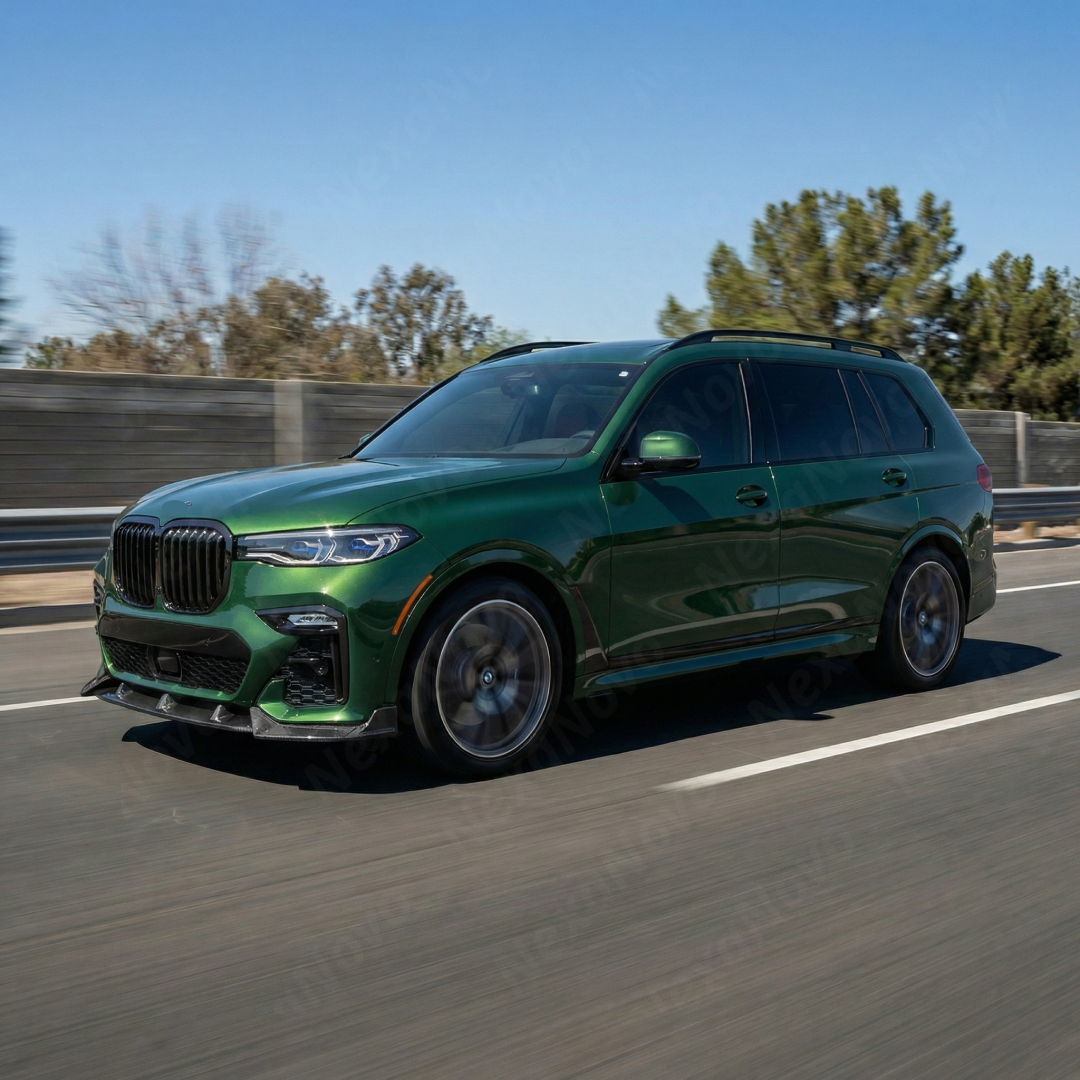 Full 3/4 view of a 2021 BMW X7 M50i featuring the NexaNovo double real carbon fiber lip kit