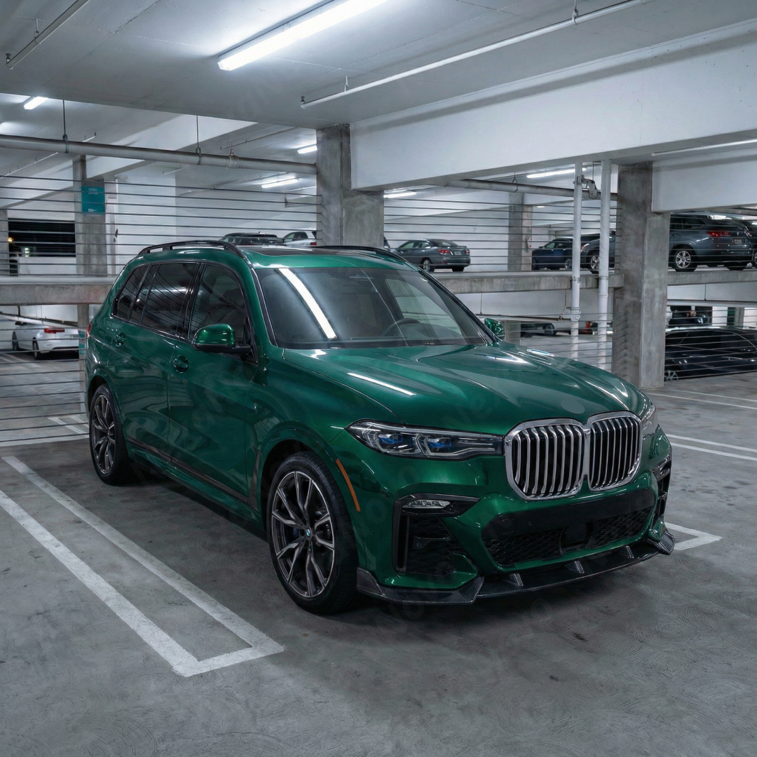 BMW X7 on display featuring the high-end NexaNovo double real carbon fiber front lip
