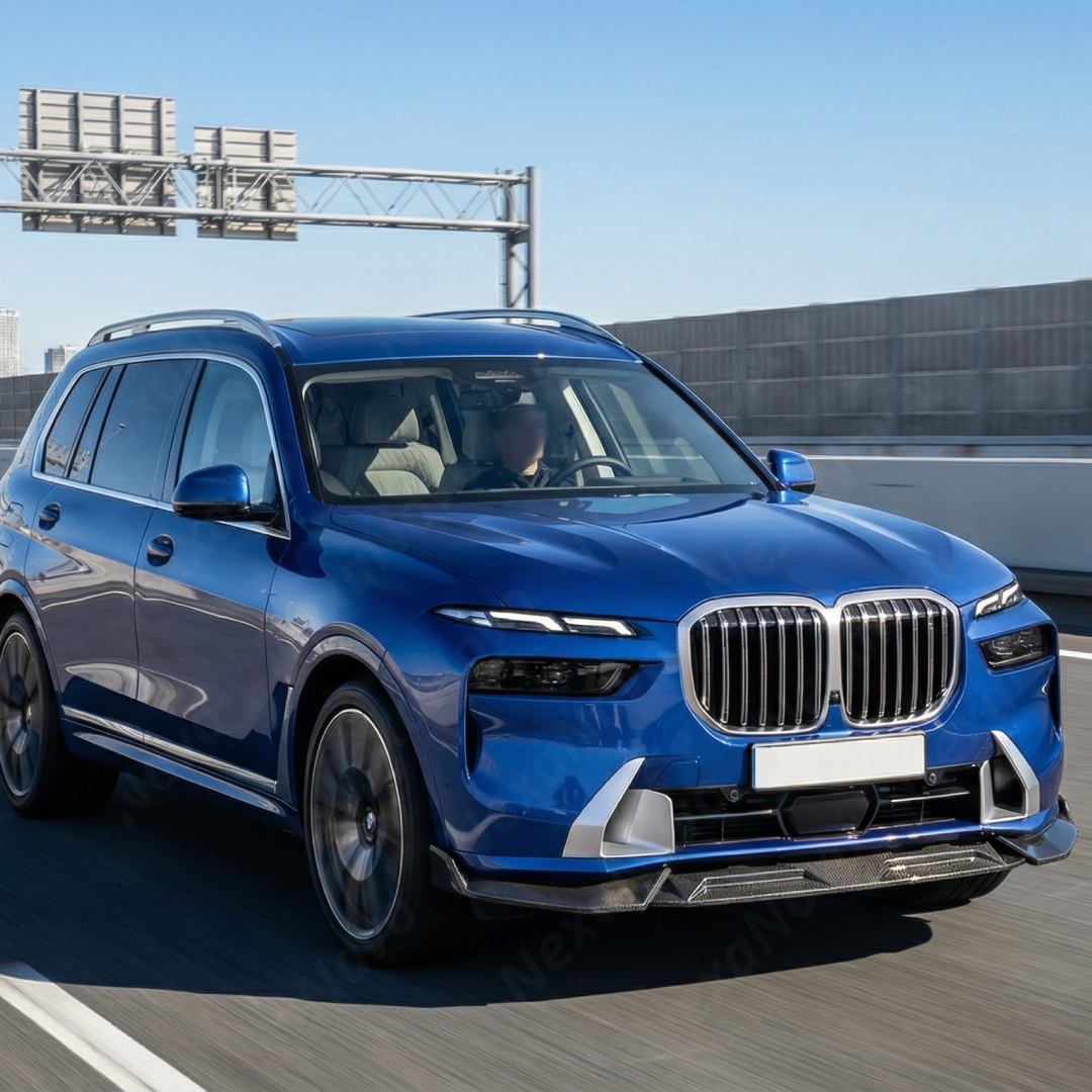 Direct front-facing view of the NexaNovo authentic double carbon fiber splitter for 2023-2026 BMW X7