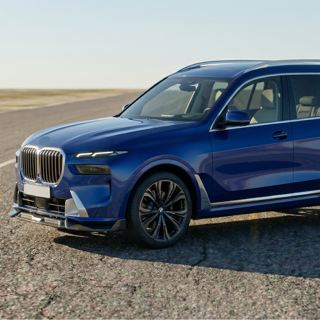 2023 BMW X7 LCI in motion highlighting the aerodynamic NexaNovo double-tier carbon front splitter