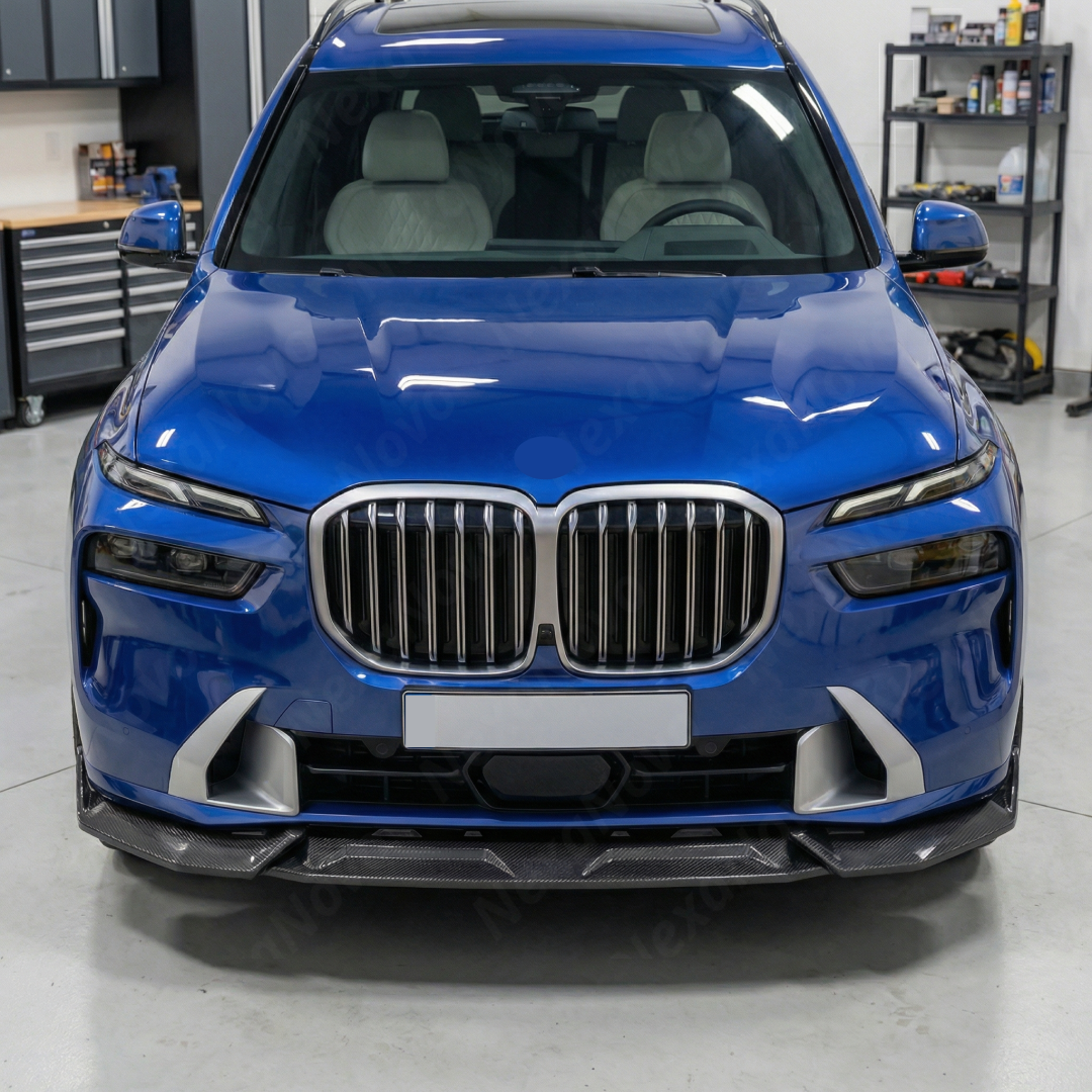 M-Performance inspired NexaNovo double real carbon fiber front splitter on a BMW X7 SAV