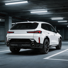 Full rear 3/4 view of a 2025 BMW XM featuring the NexaNovo M-Performance gloss black diffuser kit